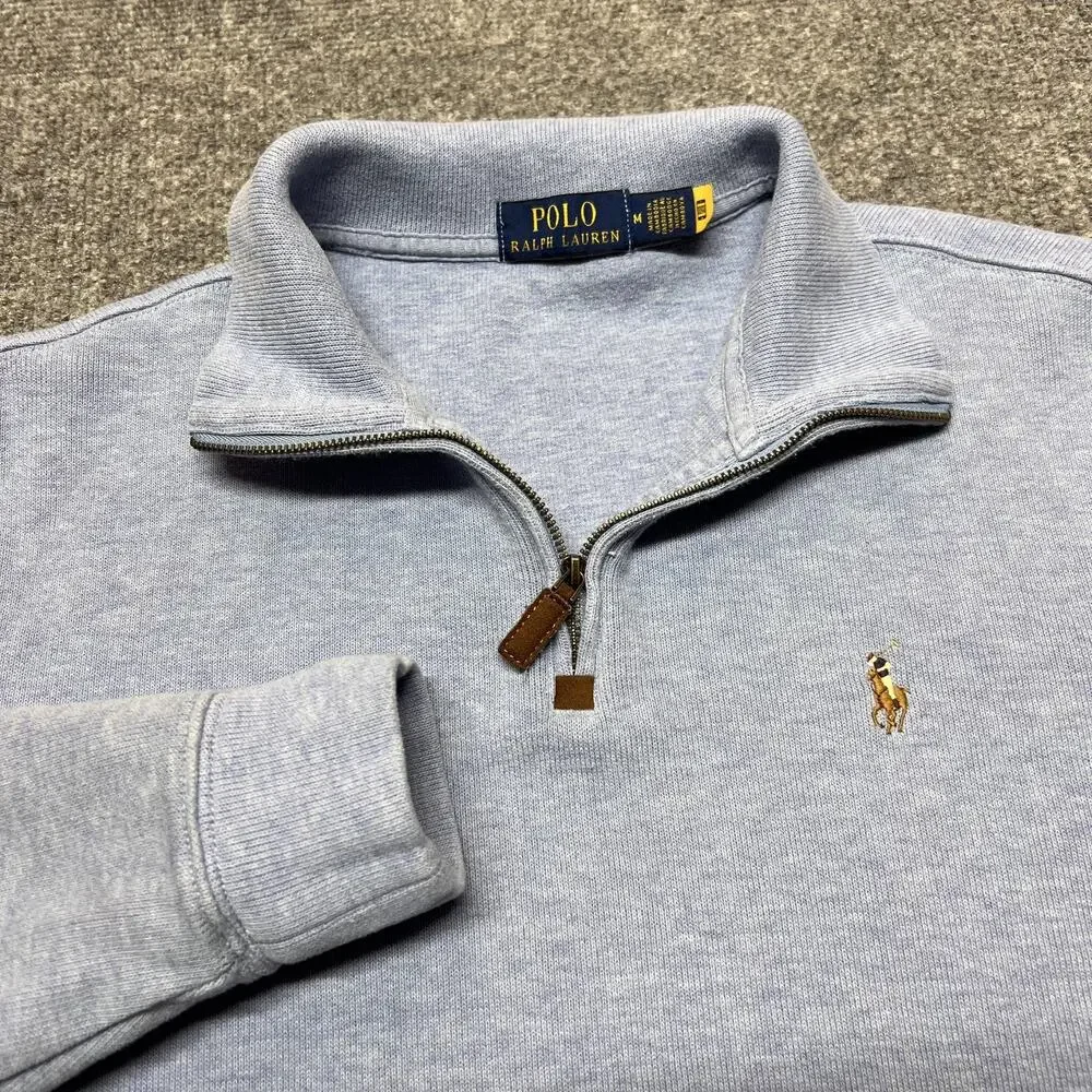 Polo Ralph Lauren Sweater Mens Medium Blue 1/4 Zip Mock Neck Cotton Pullover
